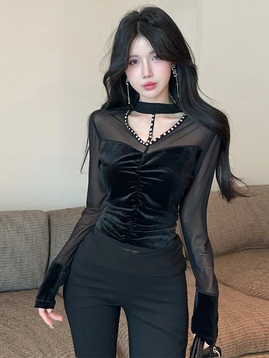 Sexy High-End Design Diamond-Embedded Mesh Velvet V-Neck Pleated Waist-Cinching Long Sleeve Short Top Women's Citywalk T-shirt