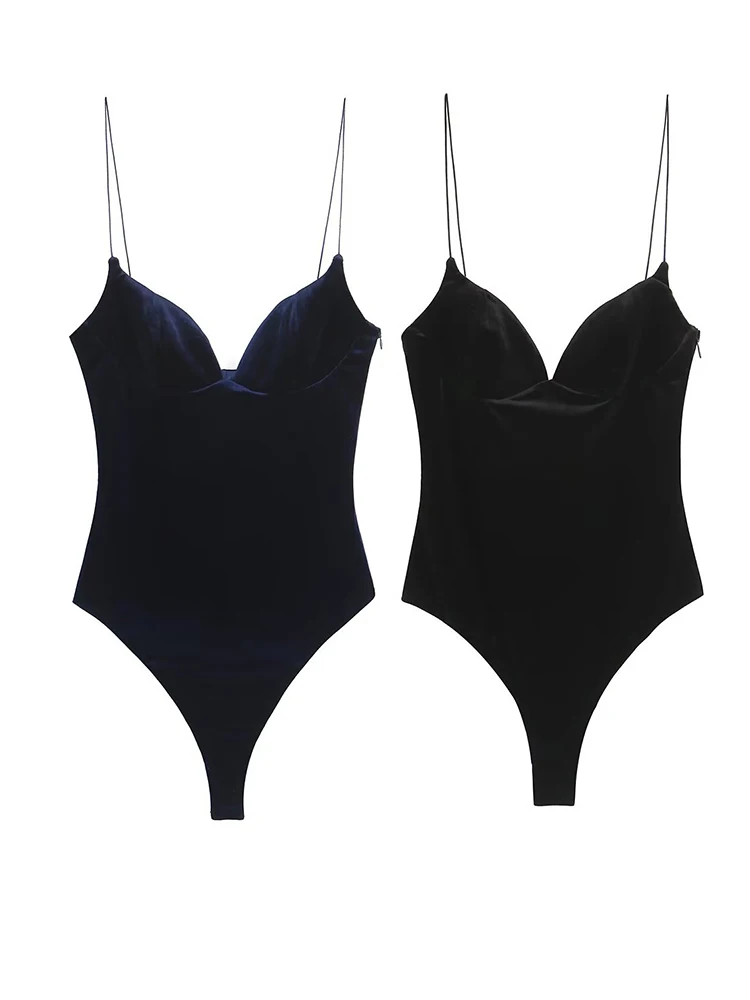 بدلة قطعة واحدة مثيرة عميقة على شكل حرف V بدون ظهر للنساء بحزام رفيع باللون الأسود المخملي بدلة قفز ضيقة مرنة #1