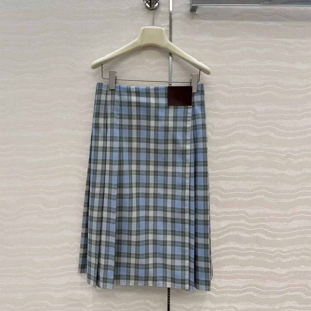 

French Elegant Lady Blue Plaid Long Skirts Womens 2025 New Autumn High Waist Wrapping Style Vintage Preppy Pleated Skirts