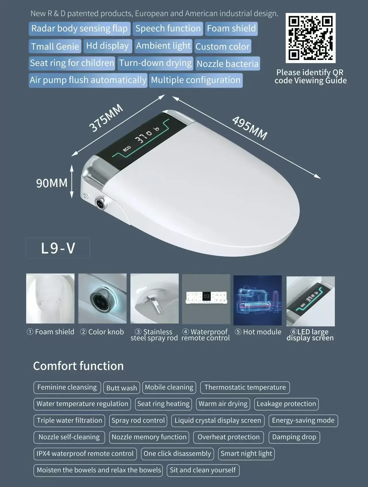 Smart Tankless Bidet Seat Auto Lid Instant Hot Water Foam Shield Heated Air Dry Night Light Purifier