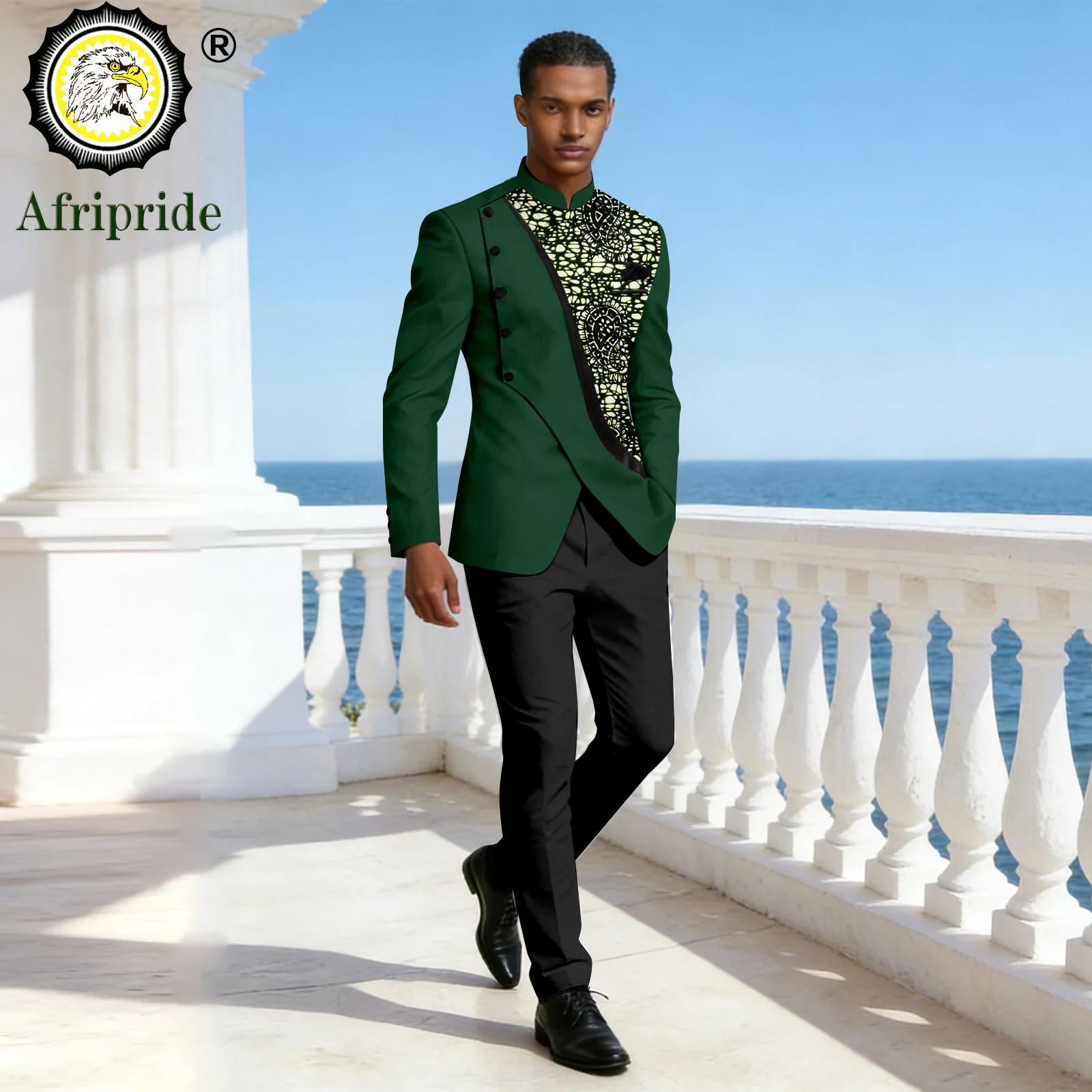 Men`s Business Suits Single Breasted Kerchief Blazer and Pants 2 Piece Set African Clothes Print Outfits Dashiki Attire 2616030