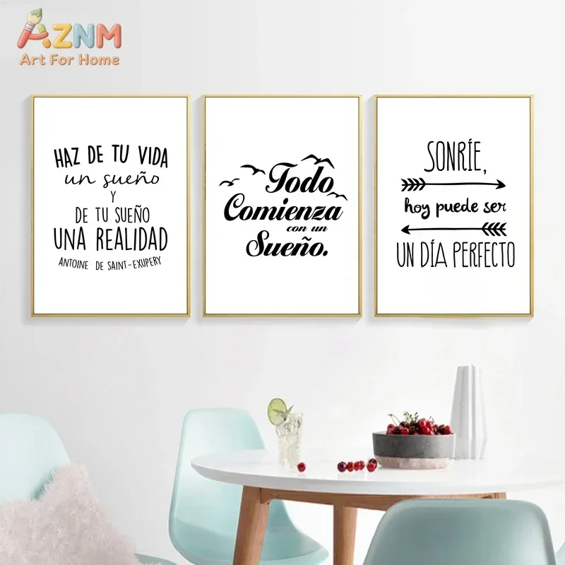 AZNM Minimal Spanish Inspirational Quote Typography Canvas Wall Art, Motivational Life Phrase Black White Aesthetic Home Kitchen
