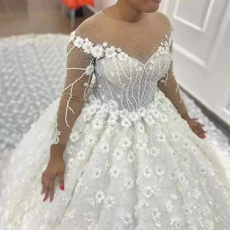 

2024 Arabic Dubai Wedding Dresses 3D Flower Lace Beads Pearls Illusion Long Sleeve Bridal Gown Vestidos De Novia Custom