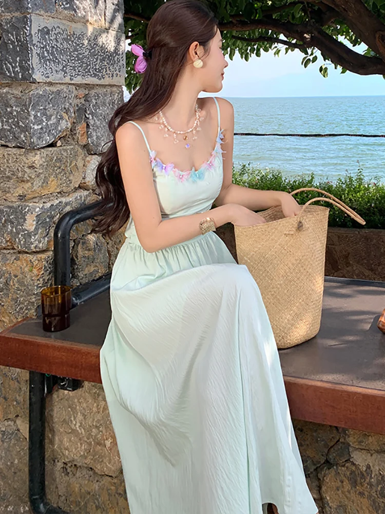 Summer Green Hollow Out Sexy Sling Long Dress Fashion Elegant Chic Women Dresses Promotion 2024 Korean Bodycon Party Night Dress