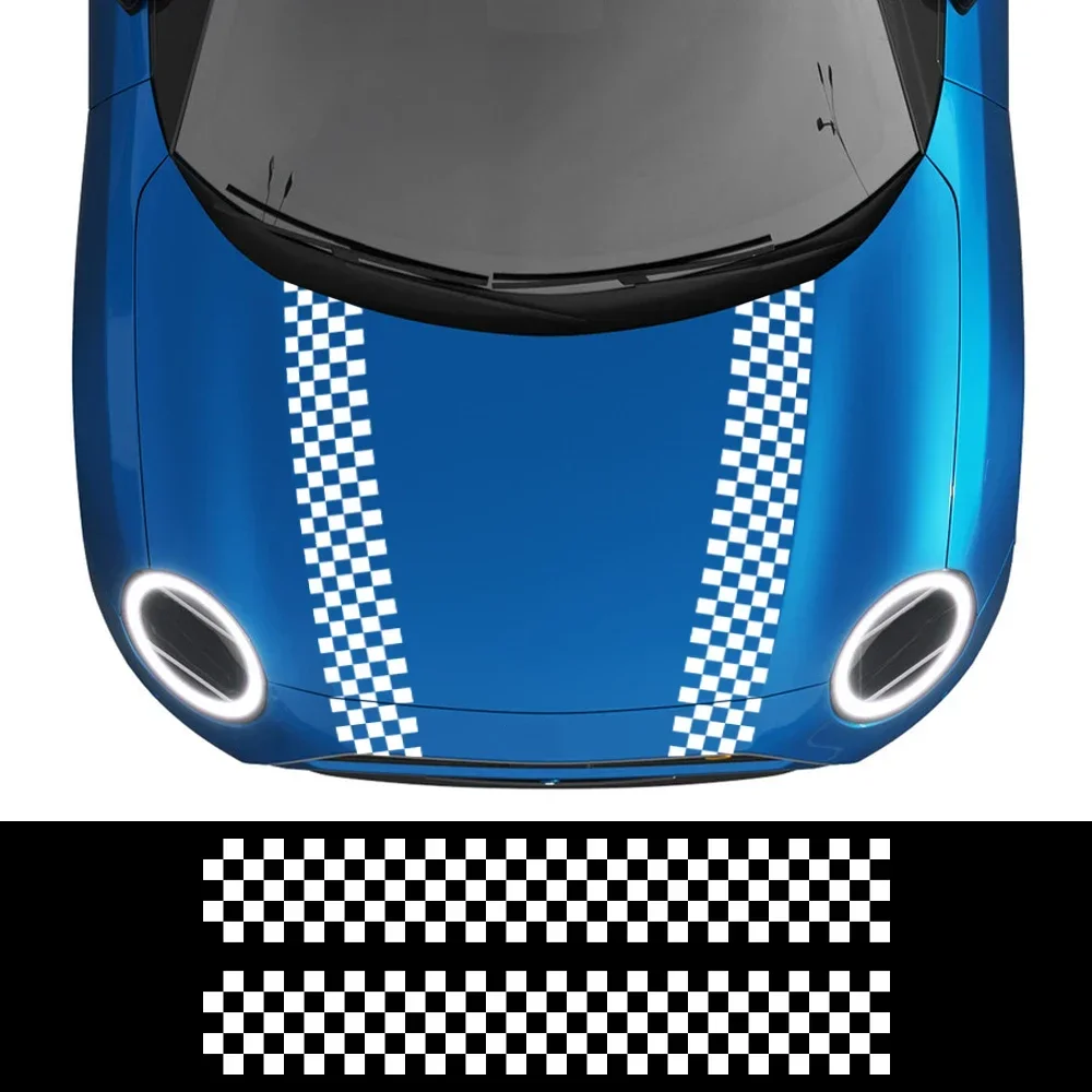 Fashion Checkerboard Racing Stripes Car Stickers 2Pcs, Vinyl Waterproof Auto Decals, Car Exterior Accessories for Engine Hood De