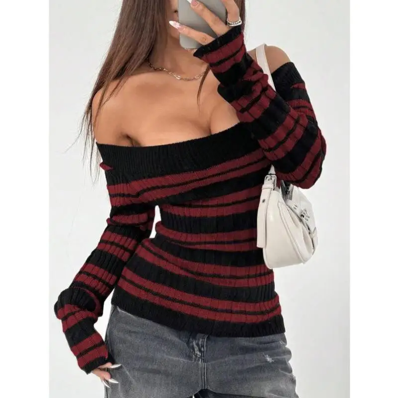 

oulder Bared Long Sve Stripe Simple Design Crew Ne Pullover Knitwear for Women Ci Walk Casual Sle Coolmax Fabric