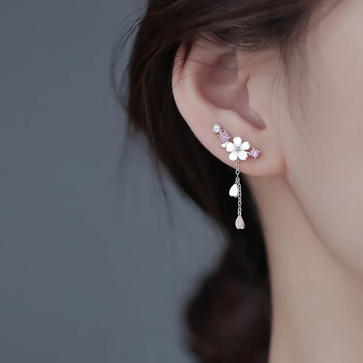 Creative S925 Silver Shell Cherry Blossom Fringed Earrings for Women