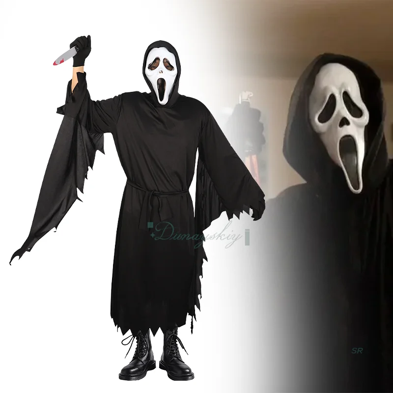 

Scream GhostFace Cosplay Costume Skull Mask Black Long Robe Included Fancy Dress Children Halloween Horror Movie Carnival Party