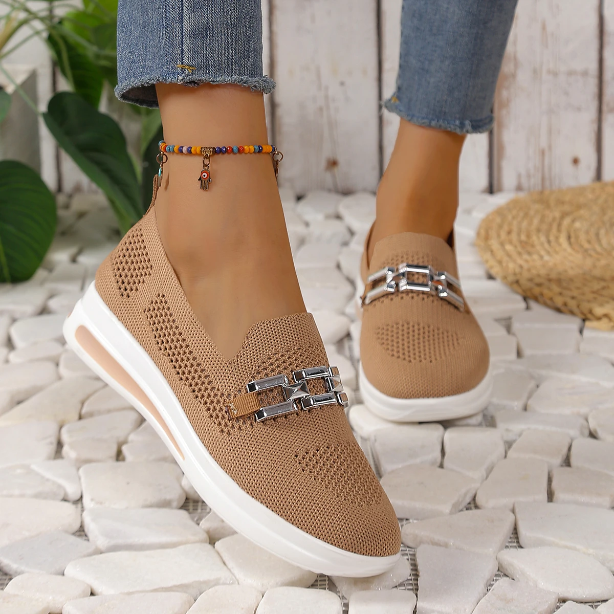 

Весенне-осенняя повседневная обувь на плоской подошве с круглой головкой и сеткой, модная новая стильная удобная дышащая женская обувь на толстой подошве