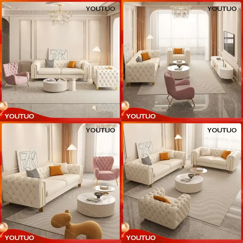  French Light Luxury Cream Style Leather Sofa Combination Living Room Home Pull Point Button Hand Three Person Leather