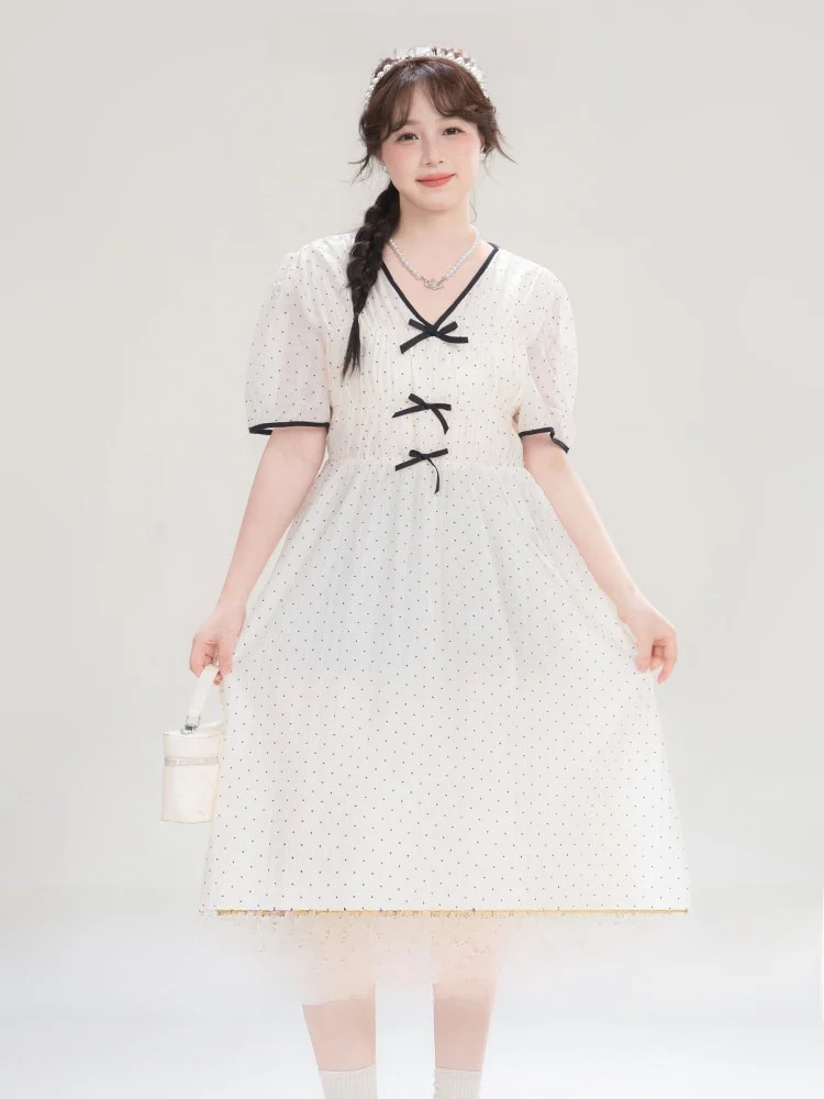 

Heynew Summer New plus Size Women's Dr V-ne Polka Dot Long Slimming Gown Korean Sle Commute Faion Ci Wear
