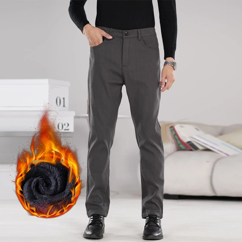

Brand Clothing Winter Fleece Warm Casual Pants Men Cotton Twill Fabric Outdoors Flocking Black Army green Trousers Male 28-38