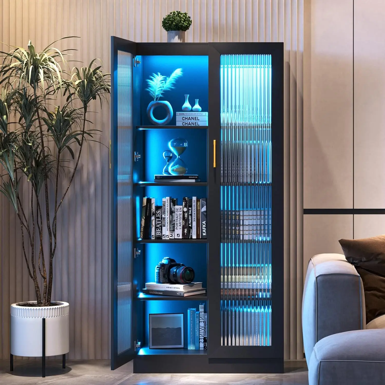 

65" Storage Cabinet with LED Lights, Display Curio Cabinet with 2 Doors and 5-Tier Shelves, Tall Bookcase Modern Bookshelf