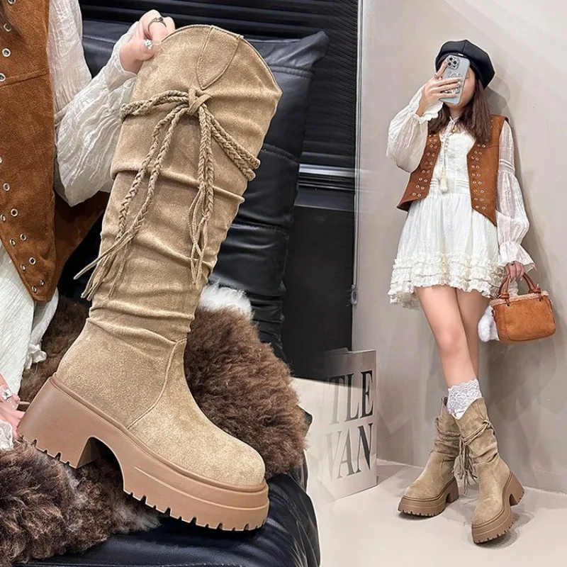 Spring and Autumn New Retro Fashion Style Fashion Boots Thick Heel Long Tube Slim Look Stacked Middle Tube Boots Plus Size 41 42