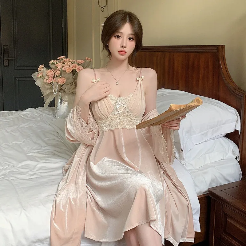 Gold Velvet Two-Piece Nightdress Long Sleeve Sexy Lace Two-Piece Nightgown Pajamas with Chest Pads Suspenders Summer Loungewear