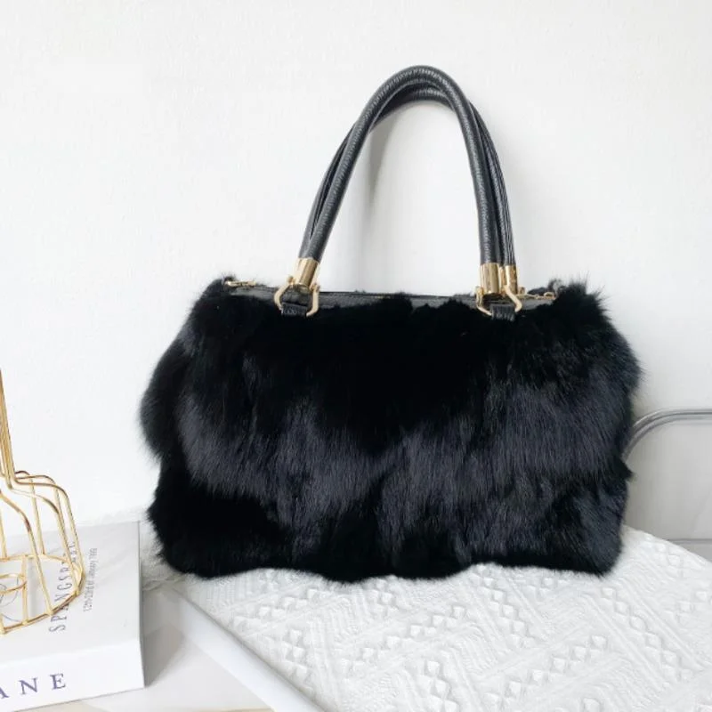 Fox Fur Handbag Single Shoulder Diagonal Cross Bag Furry Handbags For Women Evening Handbags Silver Fox Fur Large Shoulder Bag