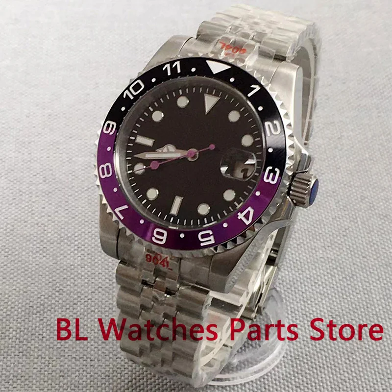 BLIGER 40mm Sterile Automatic Watch For Men Black Purple Insert Sapphire Glass Green Luminous Purple Second Hands Stanless Steel