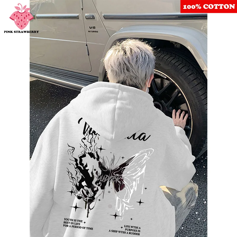 

American Butterfly Print Hoodies Men Autumn Winter 2025 New Fashion Street Loose Casual Kangaroo Pouch Y2K Tops Men Sweatshirt