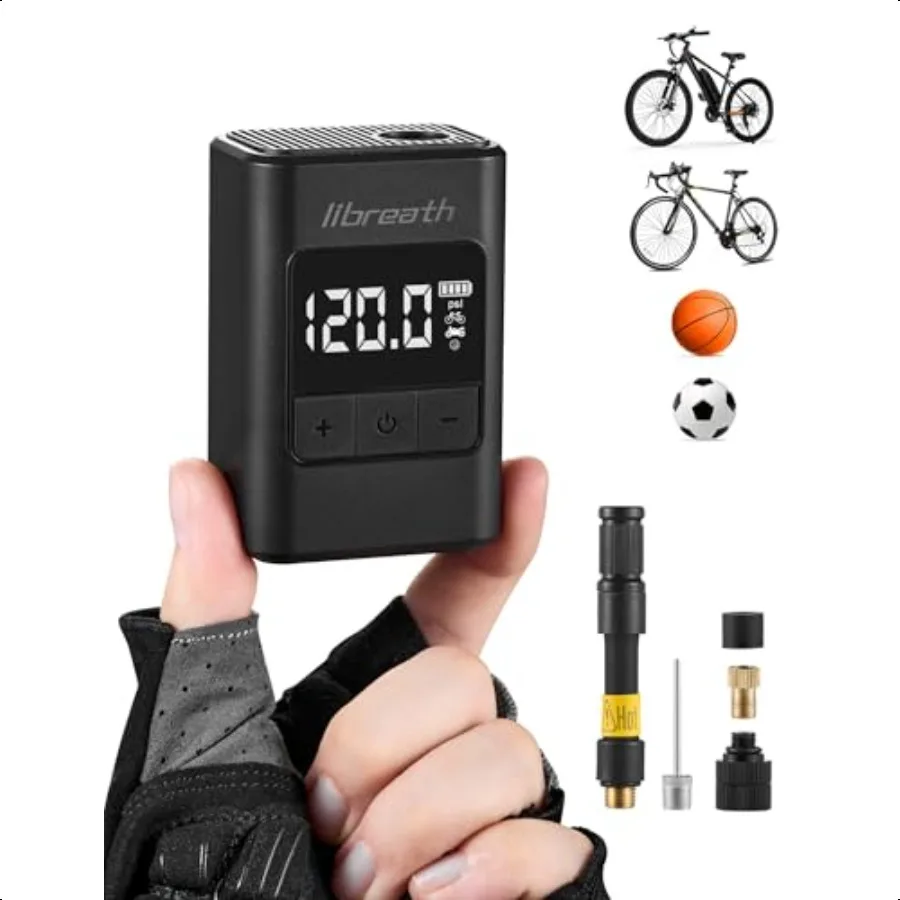 

Bike Pump with Gauge 120 PSI Mini Electric Bike Tire Pump Auto Stop Air Pump with Presta and Schrader Vae Portable Rechargeable