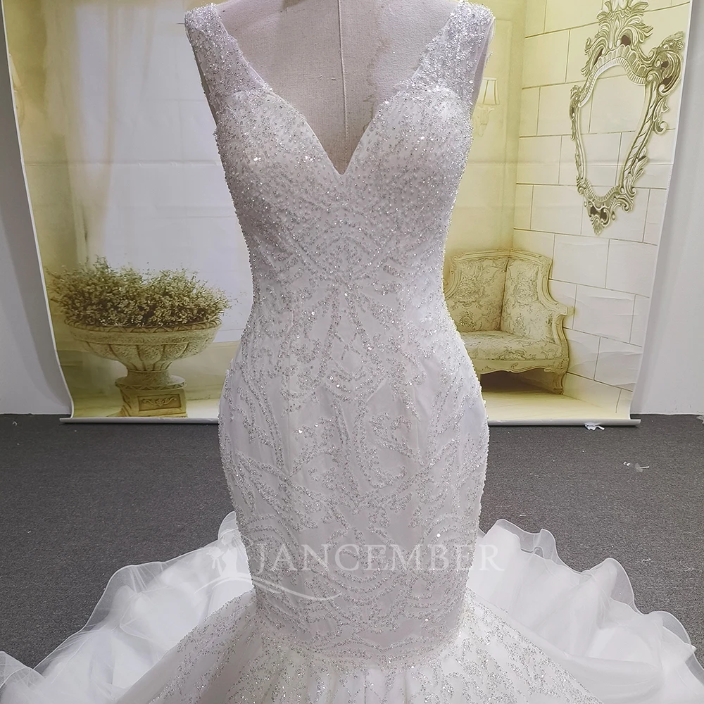 Vestidos De Novia brillantes De sirena De lujo personalizados, Vestido De Novia sin mangas con cuello en V, Vestido De Novia con cuentas De princesa con purpurina