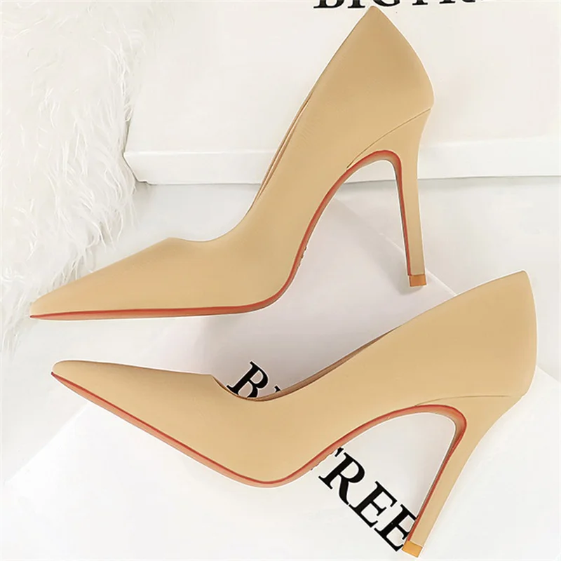 2024 Women\'s Pumps PU Leather Beige Black Green Apricot Pointed Toe 10cm Thin High Heels Party Fashion Lady Shoes Big Size 34-43