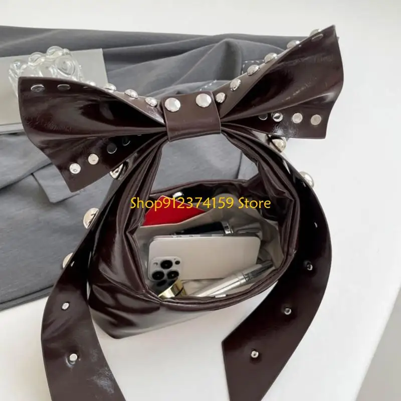 G5AE Contemporary Purse for Women with Stylish Bows and Rivet Ornament Trendy Shoulder Bag with Removable Bows