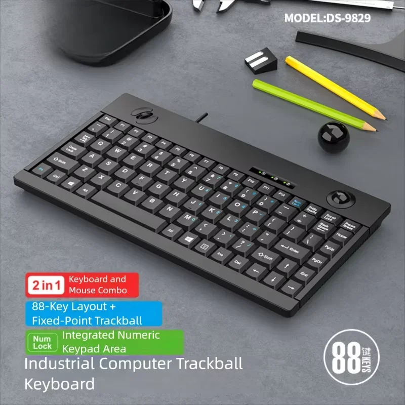 2-in-1 Industrial Trackball Keyboard Mouse 88-Key Compact USB Wired with Integrated Numeric Keypad for Industrial PC Office