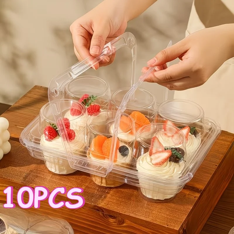 10 Sets Plastic Clear 6 Counts Cupcake Boxes with Handle Bakery Packaging Cake Boxes Portable Treat Dessert Boxes for Cupcake