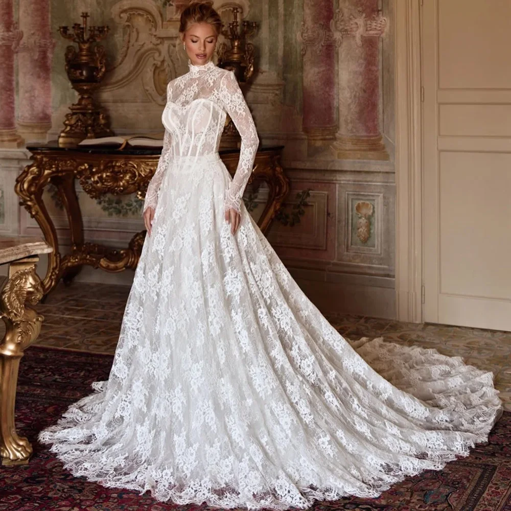 

Exquisite Appliques Lace Customized Wedding Dress Classic High Collar Long Sleeves Vestido De Novia Dreamy A-Line Robe de mariée