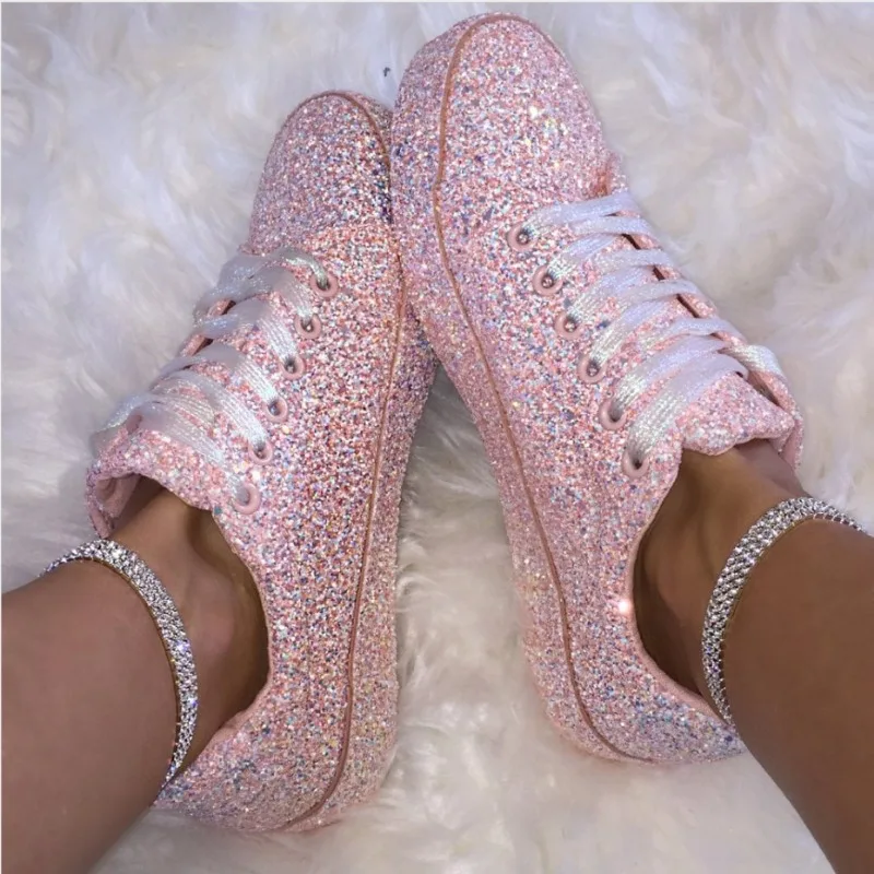 Spring Autumn Casual Glitter Flat Shoes for Women Lace Up Solid Sequin Skate Shoes Breathable Fashion Sneakers Large Size35-43