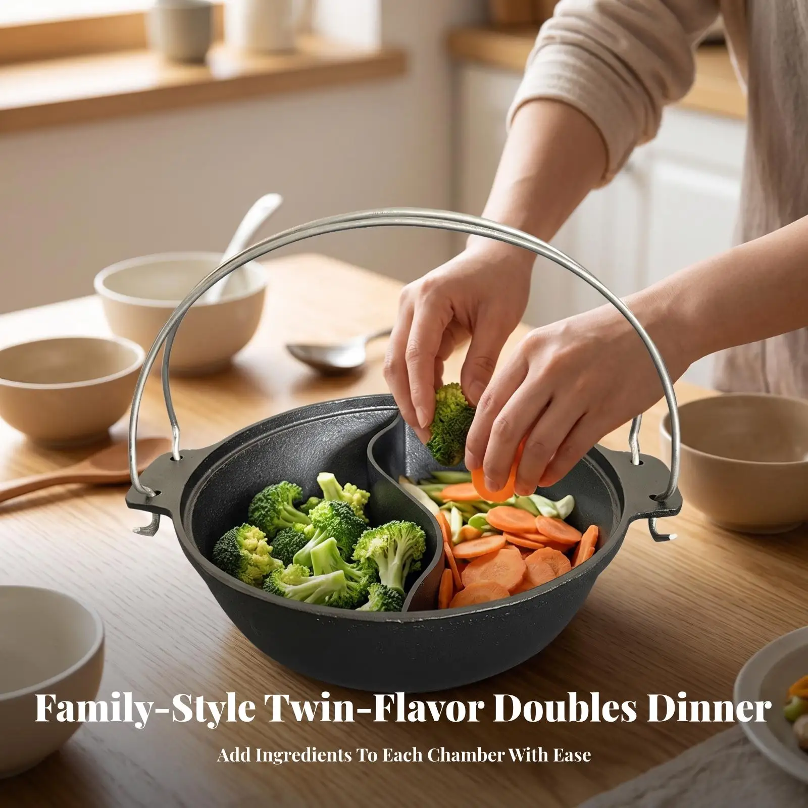 Cast Iron Divided Hot Pot | Two joined cooking Compartments, Hot Pot with Divider