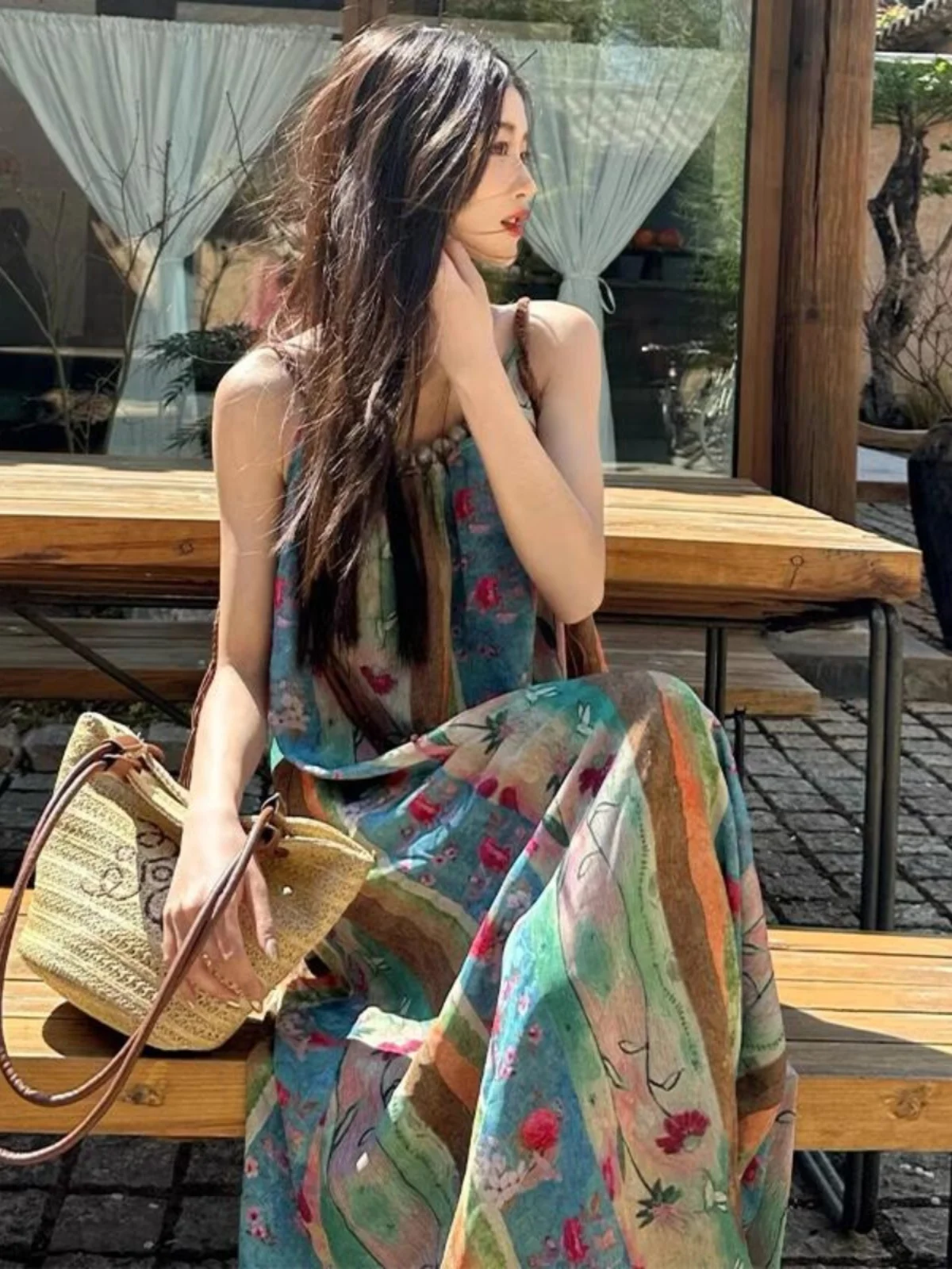 Summer Floral Tie Dye Halter Dress Women\'s Large Size Retro Yunnan Travel Long Skirt New 2024 Vacation Style Loose Waist