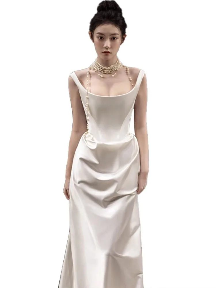 فستان زفاف بحمالات ساتان أنيق وبسيط، فستان سهرة أبيض طويل، فستان زفاف عصري للنساء