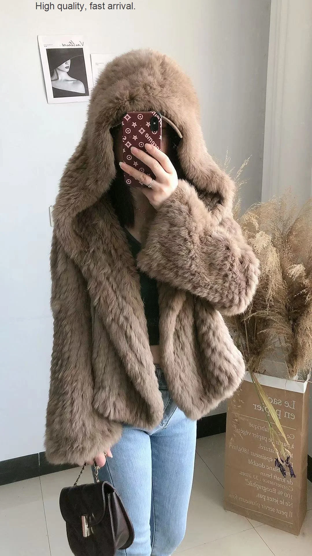 Rabbit Trendy Rex Fur Woven Coat Hooded Short Real Rabbit Fur Bell Sleeve Internet Celebrity Young Weaving All-Matching