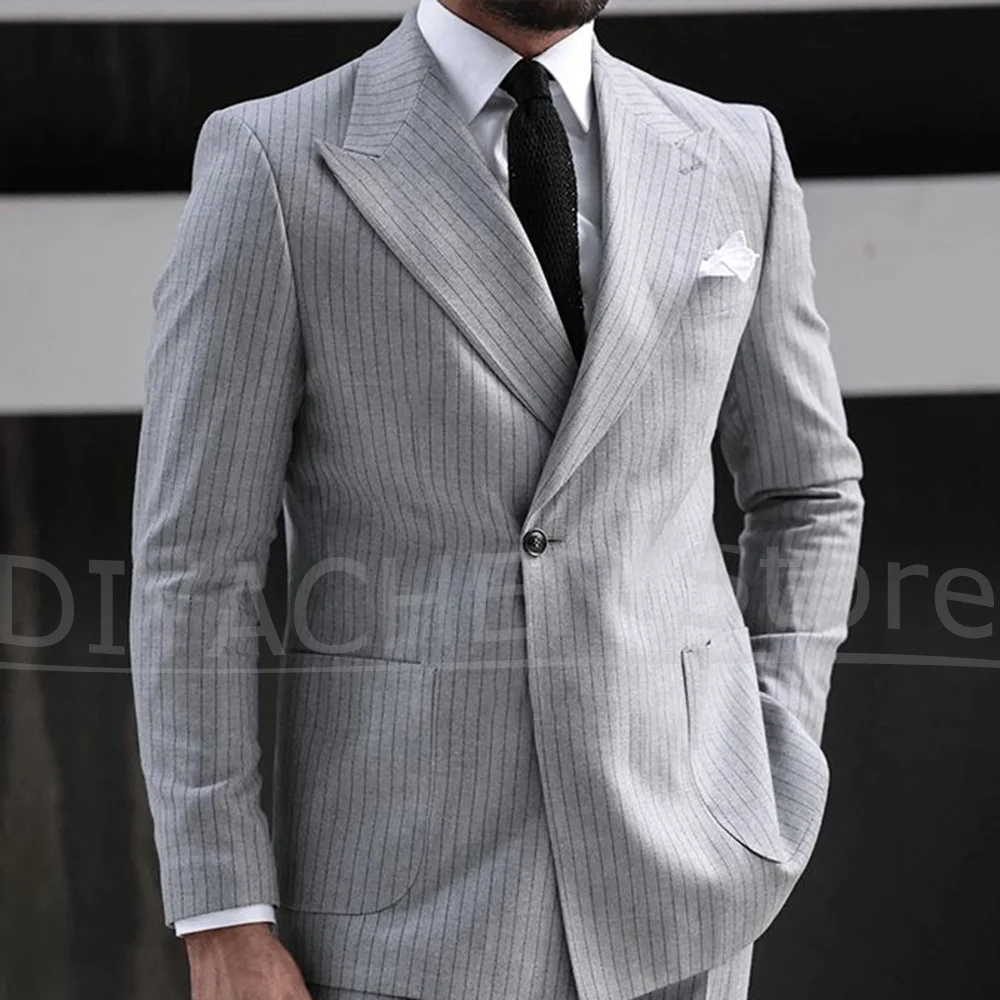 

Gray Striped Suit Sets for Men Slim Fashion Peak Lapel One Button Male Outfits Office Smart Casual Formal Party Wedding Suit
