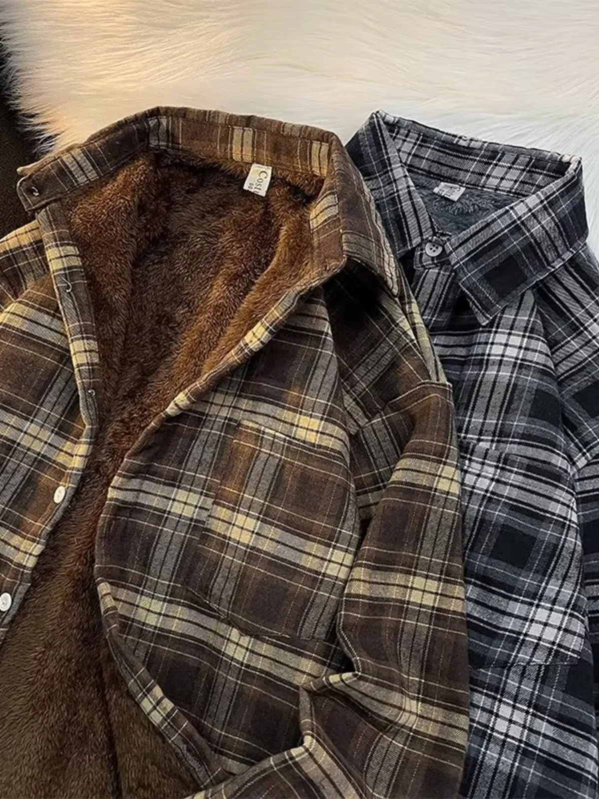 American Retro Plaid Long Sleeve Shirt Men's Spring Autumn British Casual Winter Fleece Lined Thick Japanese Style Shirt Coat...