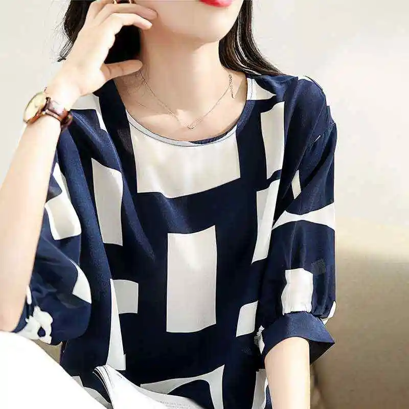 

209 Blue Chiffon irt Women's Summer New Sle Design Korean Version Straight Knot Cotton Blend Thin Seven Sve