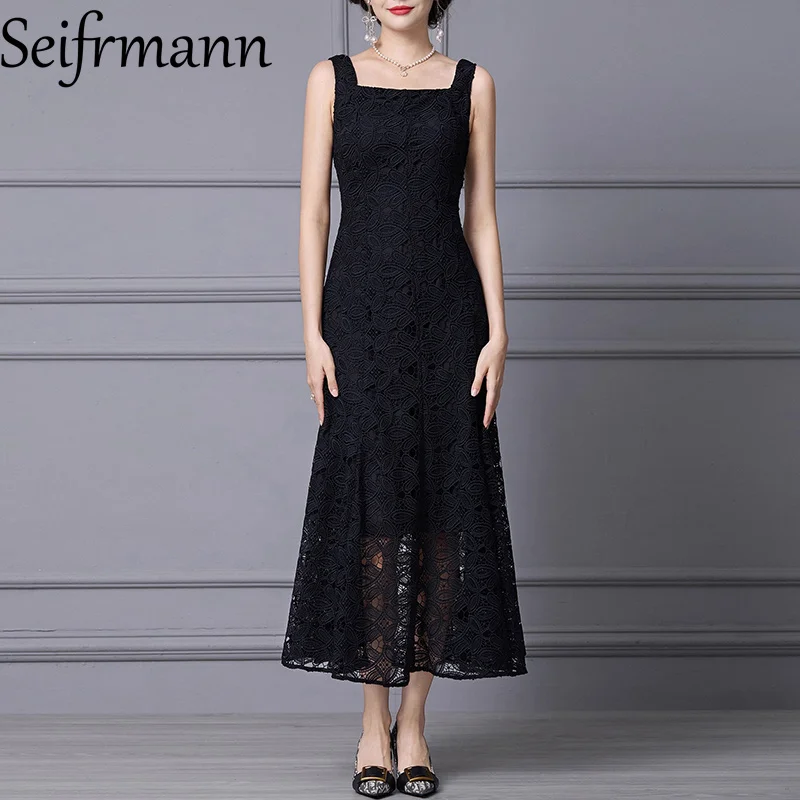 Seifrmann Fashion Women's Suit Long Sleeved Lace-up coat+Spaghetti Strap Backless High Waist Dresses Lace Hollow Out 2-piece set