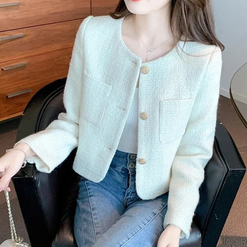 Rimocy Korean Fashion Tweed Cropped Jackets for Women 2024 Spring Round Neck Chic Coat Woman Beige Single-Breasted Jacket Female