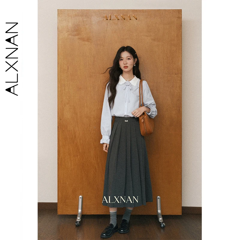 ALXNAN Blue Striped Long Sleeve Shirt Lace Trimmed Lapel Flared Cuffs Cotton Office Lady Blouses 2025 Fall Female Tops L57113