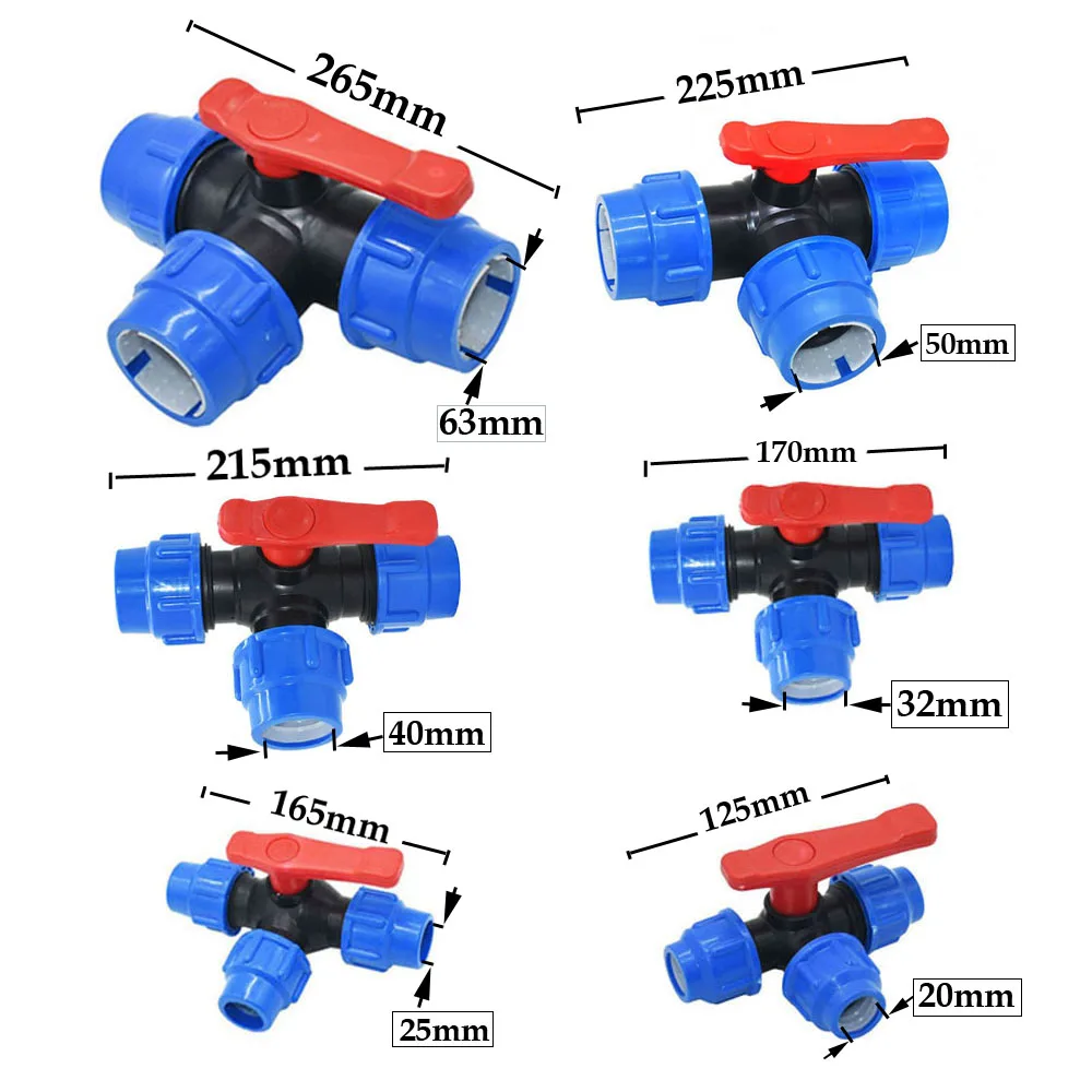 Divisor de agua del grifo de plástico PE, Conector de válvula rápida, accesorios de tubería de agua de riego de granja de jardín, 20/25/32/40/50/63mm