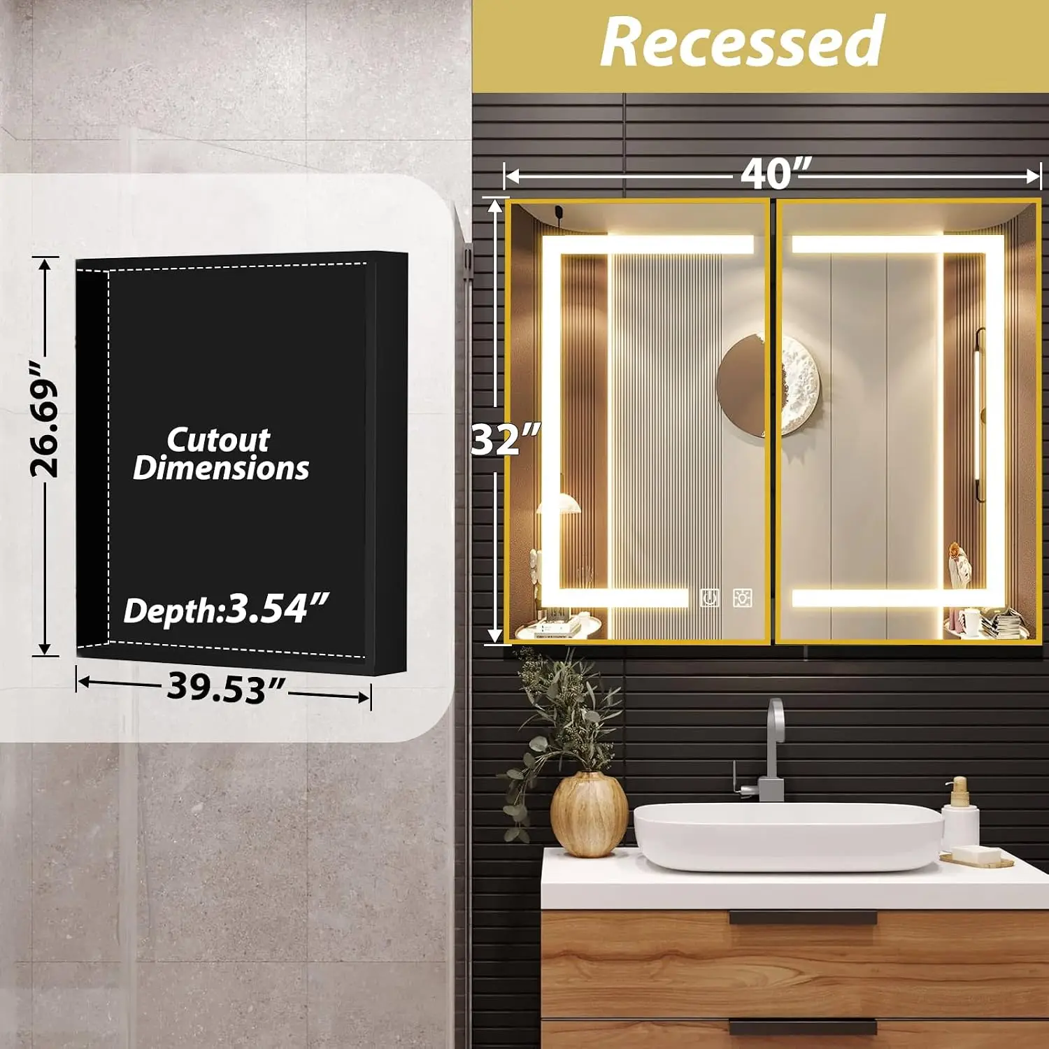 40x32 Inch LED Medicine Cabinet Mirror Gold Bathroom Storage Recessed & Wall Mount 3 Color Temp Dimmable, Customized