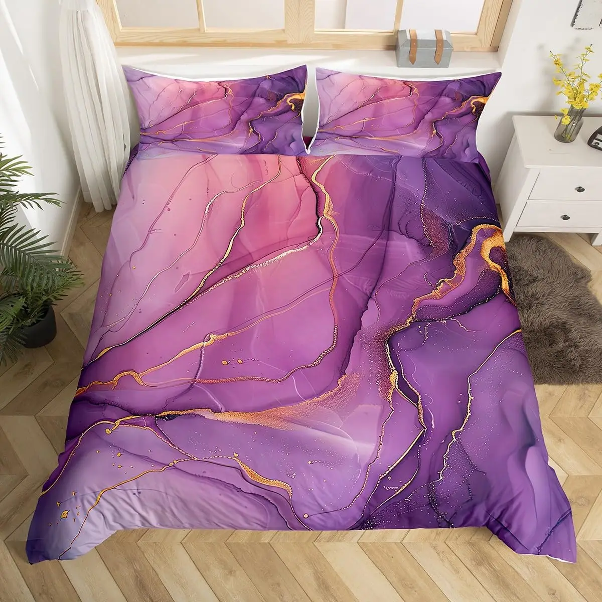 Purple Marble Duvet Cover Modern Abstract Marbling Bedding Set,Watercolor Ink Fluid Art Quilt Cover Patchwork Style Room Decor
