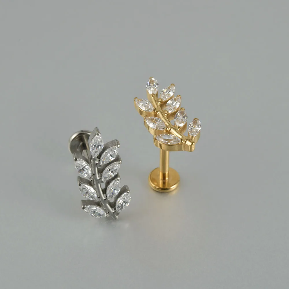G23 Solid Titanium Leaf Earring Cartilage Tragus 16G Internally Threaded Helix Lobe Piercing Labret Lip Ring Jewelry