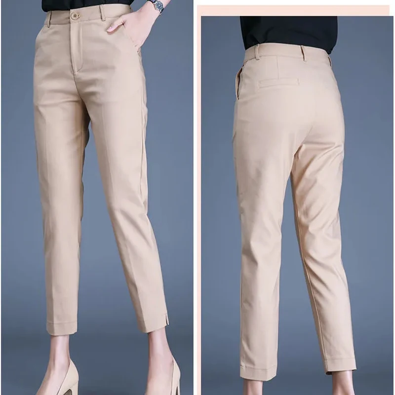 Traje clásico de oficina para mujer, Pantalones de trabajo negros y caqui, Pantalones pitillo de cintura alta para primavera, Capris elegantes de