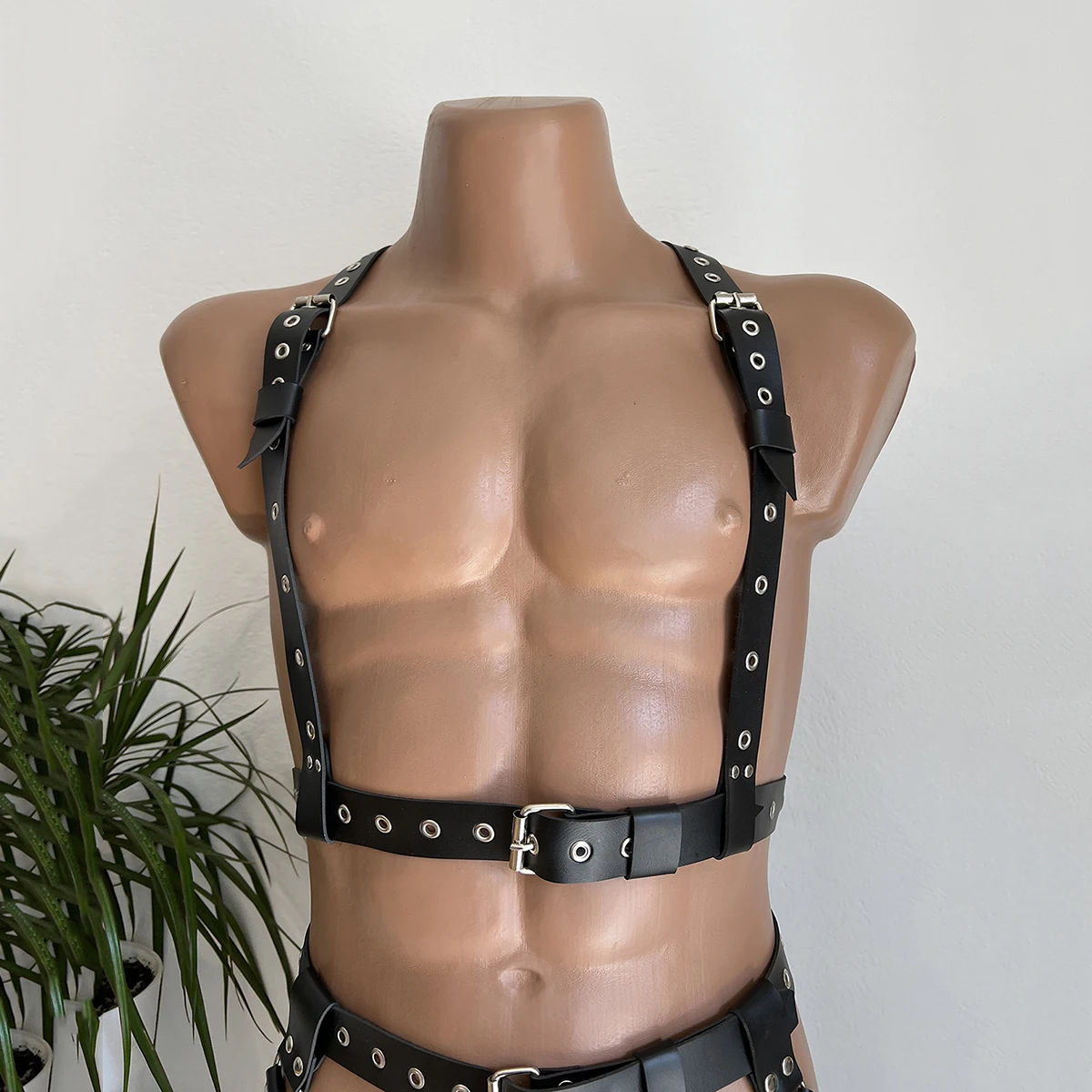 Mens Leather Lingerie Harness Men Bondages Full Body Jockstraps for Men Pants and Leather Top Chest Men\'s Harness Gay Harness