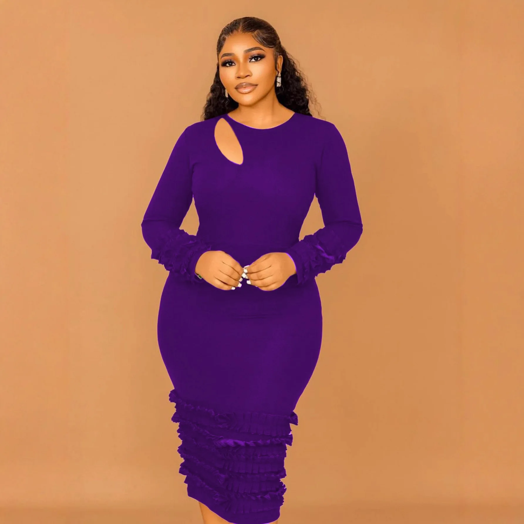 

Plus Size Purple Slim Fit Personalized Hollow Out Dress Fashion Ruffle Elegant Bodycon Evening Gown Summer Elegantes Casual Y2k