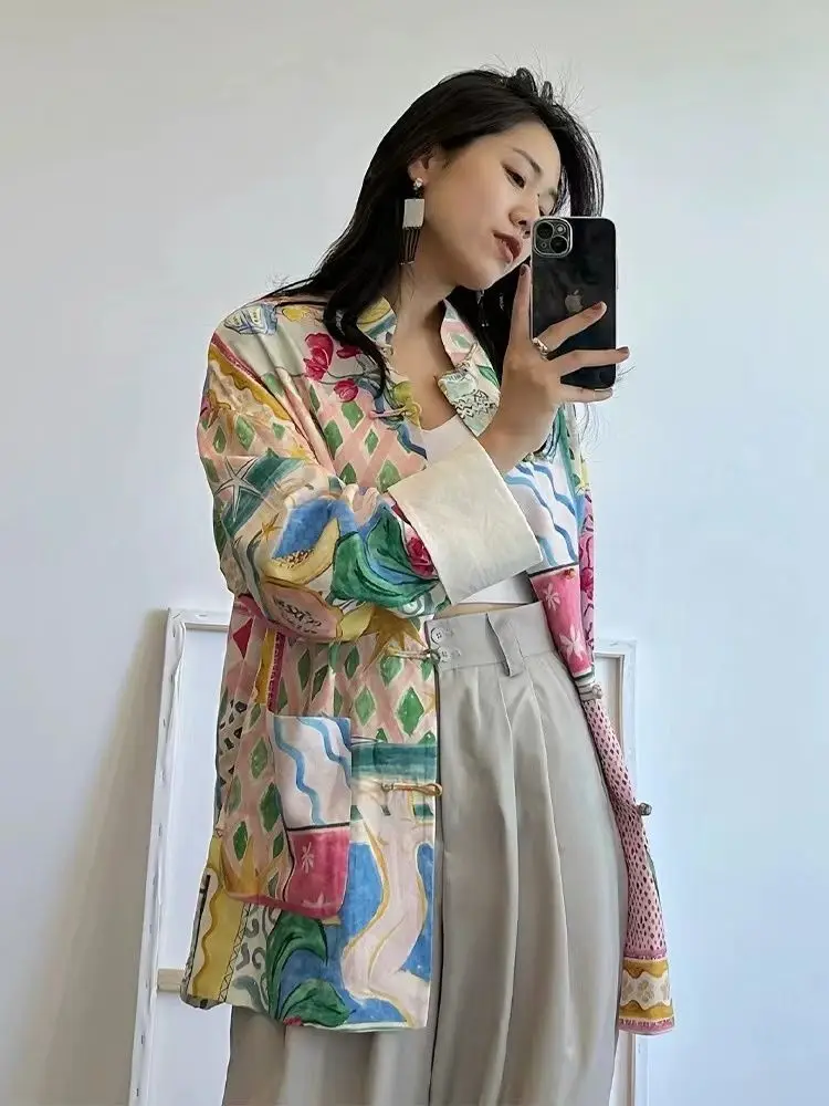 Hikigawa Chic Fashion Casual Contrast Color Printed Long Sleeve Women Shirts Vintage Frog Button Up Blouse All Match Tops Mujer