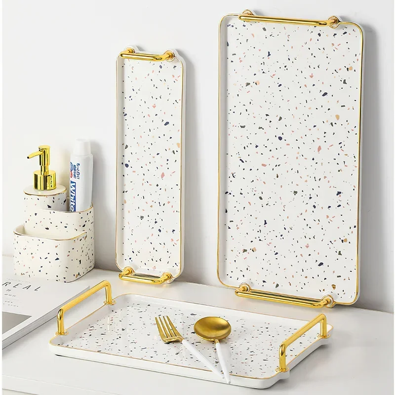 Ceramic Pallet Nordic Rectangular Tray with Phnom Penh Handle Terrazzo Pattern Tea Plate Sundries Storage Decorative Tray