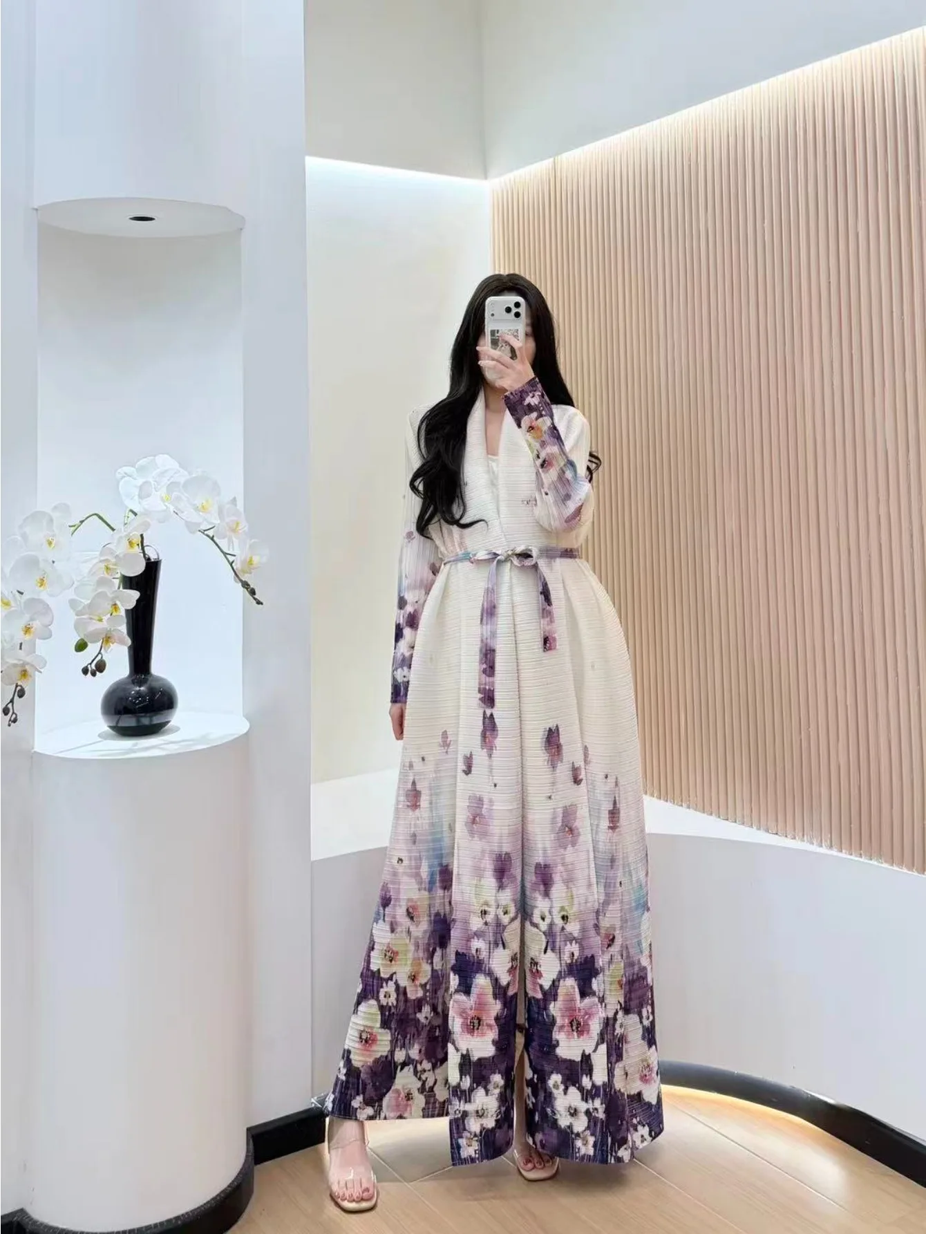 KAF Pleated Vintage Printed Women Plus Size Trench Coat Clashing Lapel with Belt Cardigan Design Arab Luxury Female Abaya
